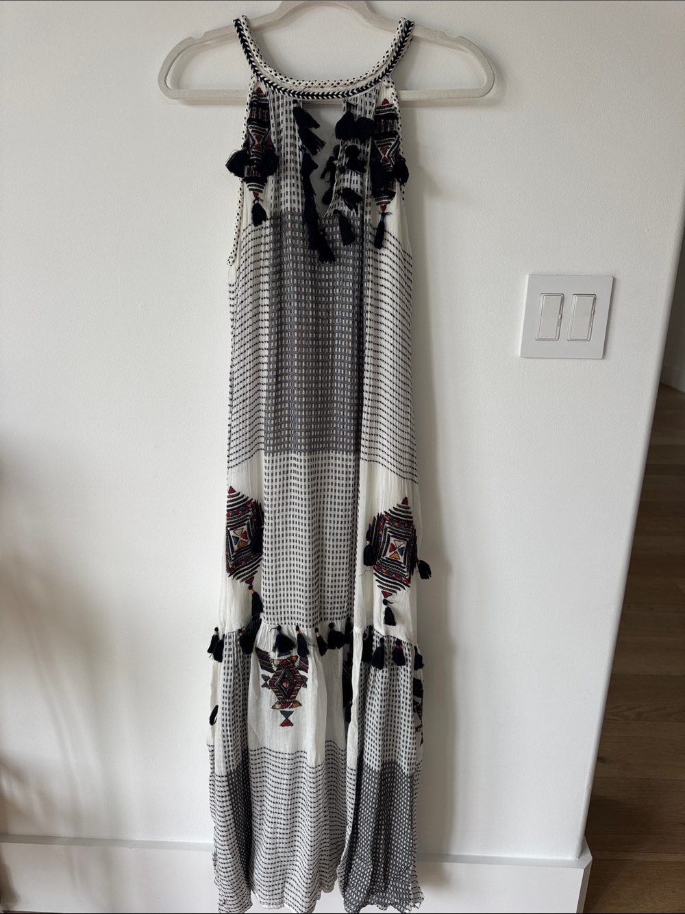 Anthropologie Black and White Tassel-Embellished Maxi Dress